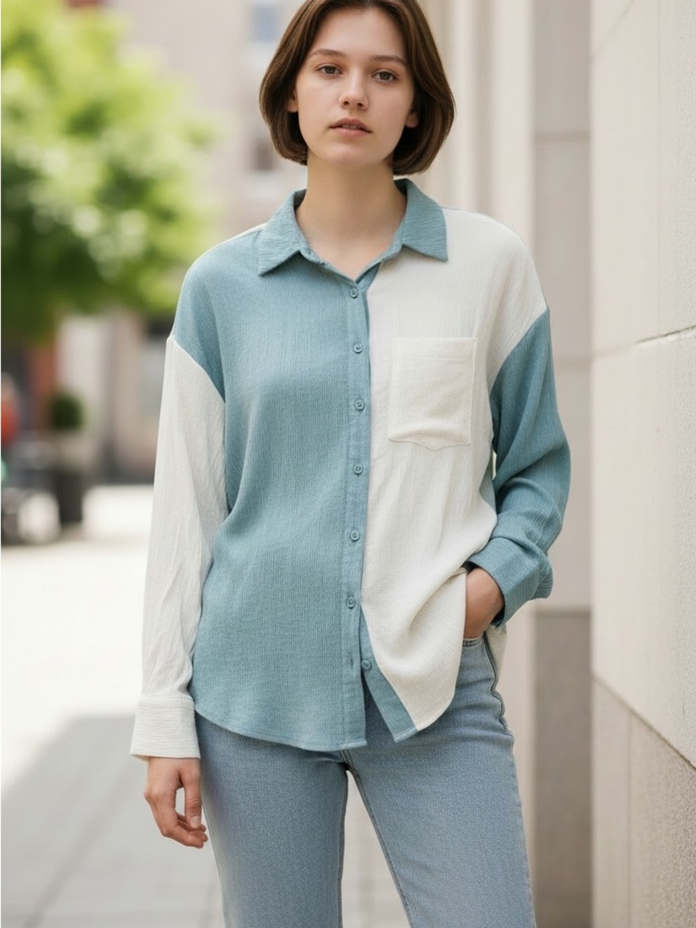 Colorblock Button-Down Shirt in White and Sage